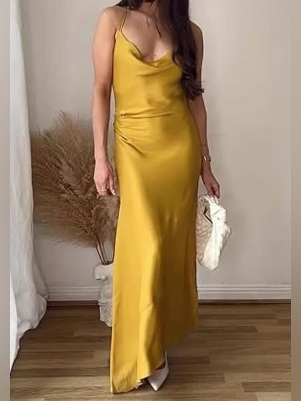 ZARA SUNFLOWER GOLDEN MUSTARD YELLOW MIDI SATEEN SCOOP NECK DRESS. SIZE M
